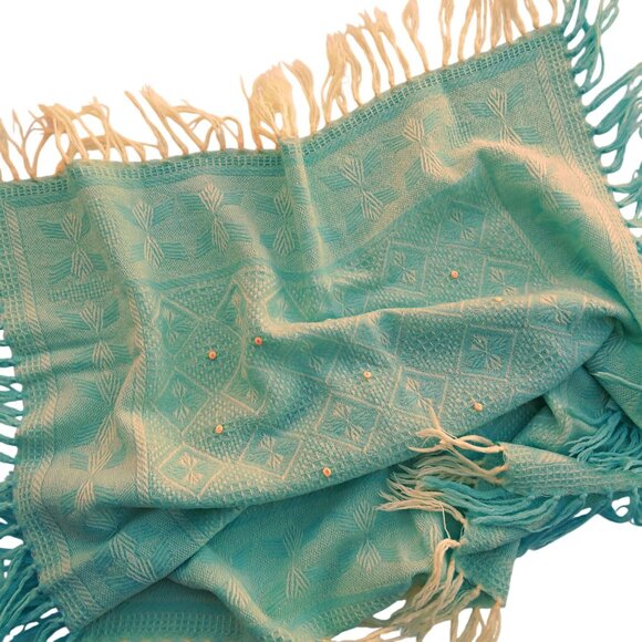 Vintage Blue Baby Blanket w/ Pink Roses, Tassels Crib Size 36x39 Mid-Century - Picture 5 of 7